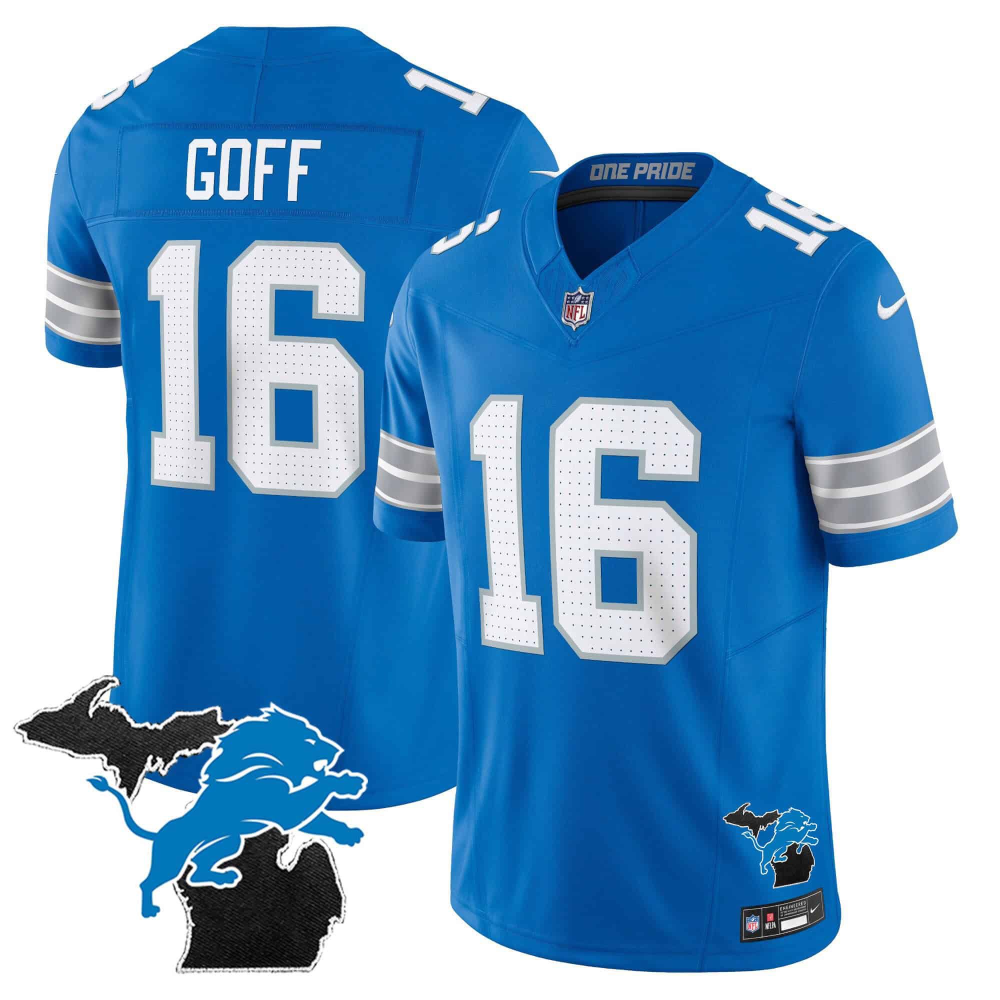 Men Detroit Lions #16 Goff Blue 2024 Nike Michigan Patch Vapor Limited NFL Jersey